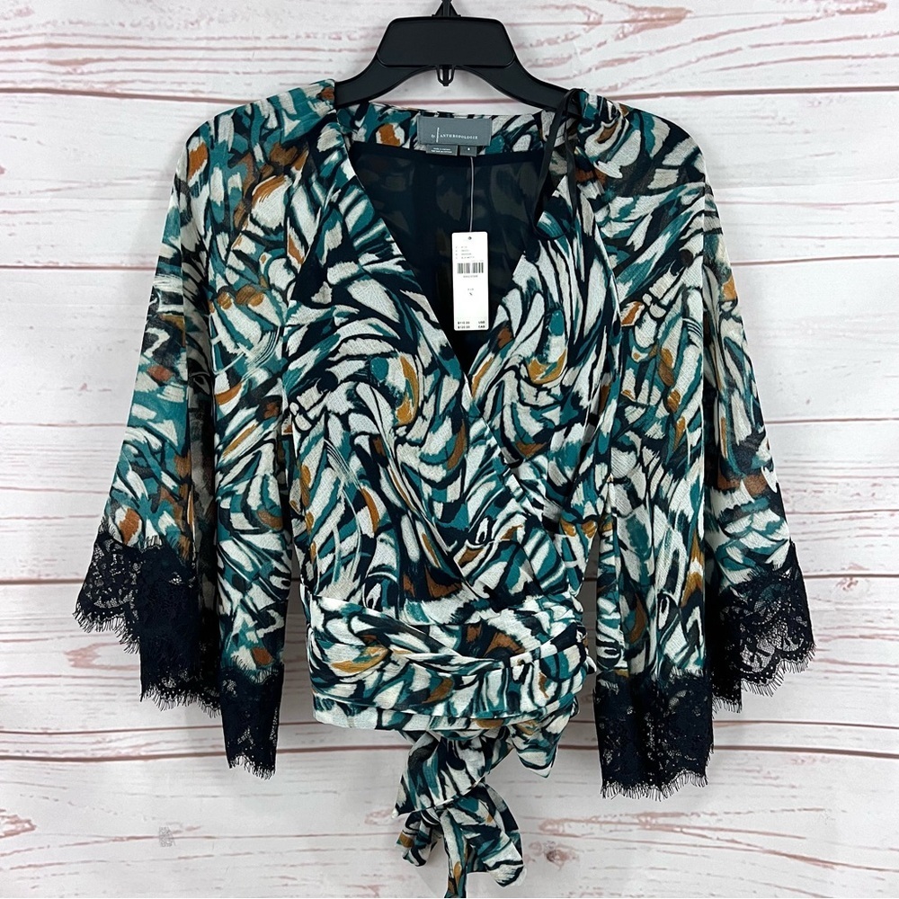 NWT Anthropologie Floral Lace Trim Bell Kimono Sleeve Wrap Top Blouse